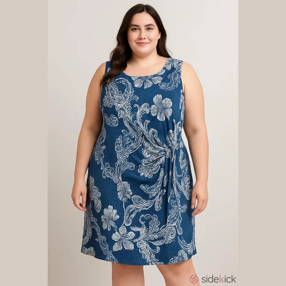 Signature by Robbie Bee Denim Blue and White Paisley Midi Dress